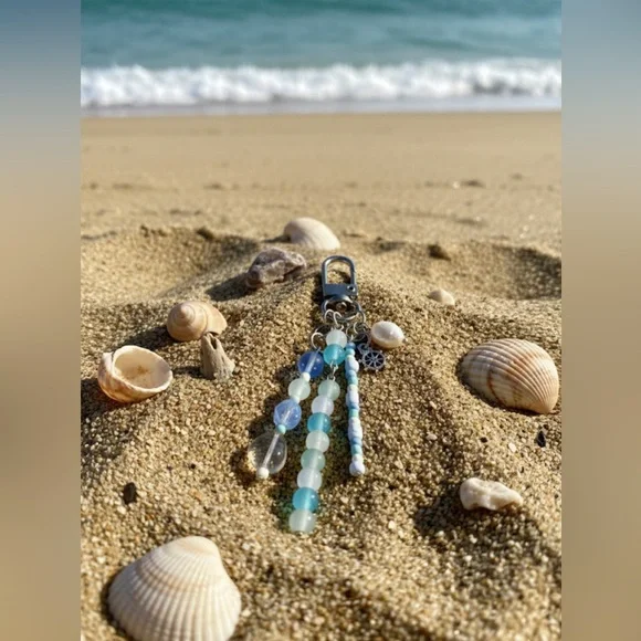 Sea Glass Ocean Beaded Bag Charm Keychain with Real Pearl Detail - Picture 2 of 4